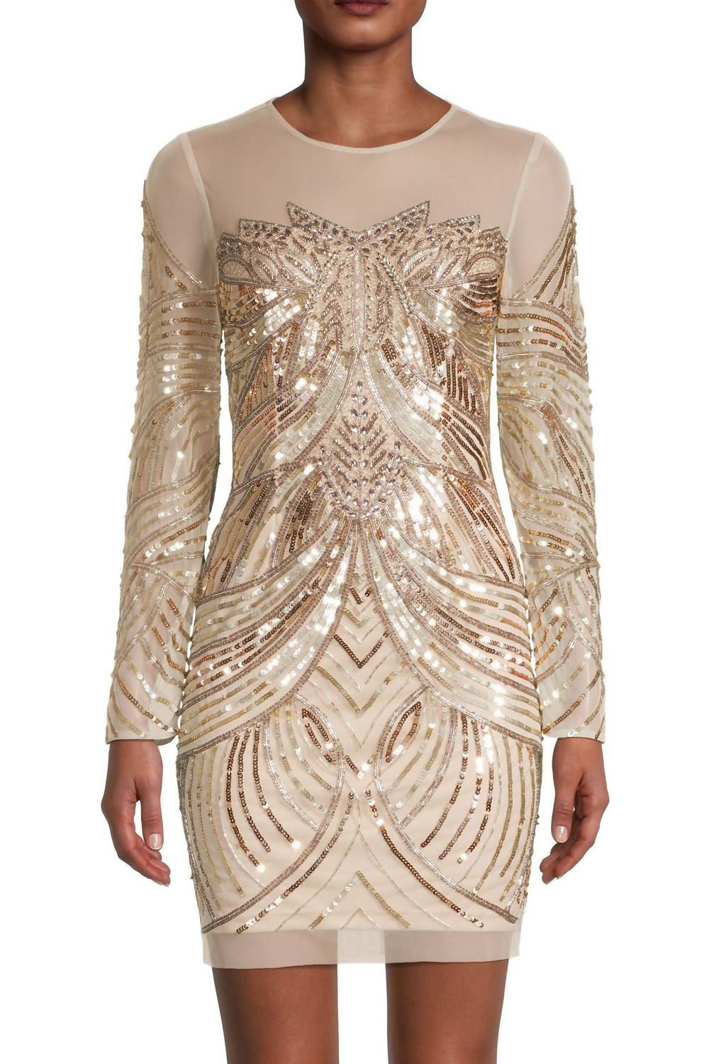Aidan Mattox - Illusion Crew Neck Bodycon Embellished Mesh Dress
