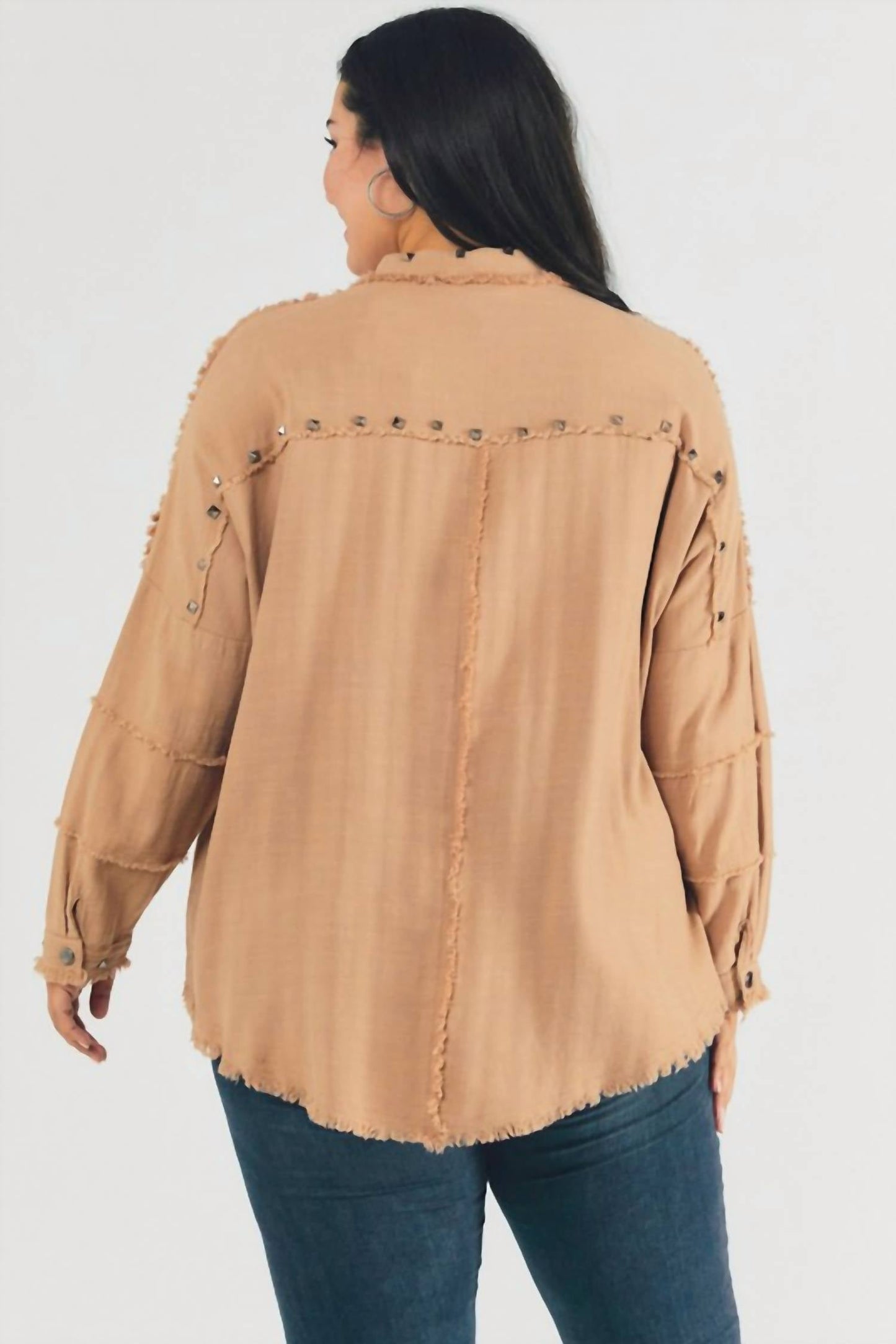 Davi & Dani - Plus Distressed Hem Button Down Oversize Shirt