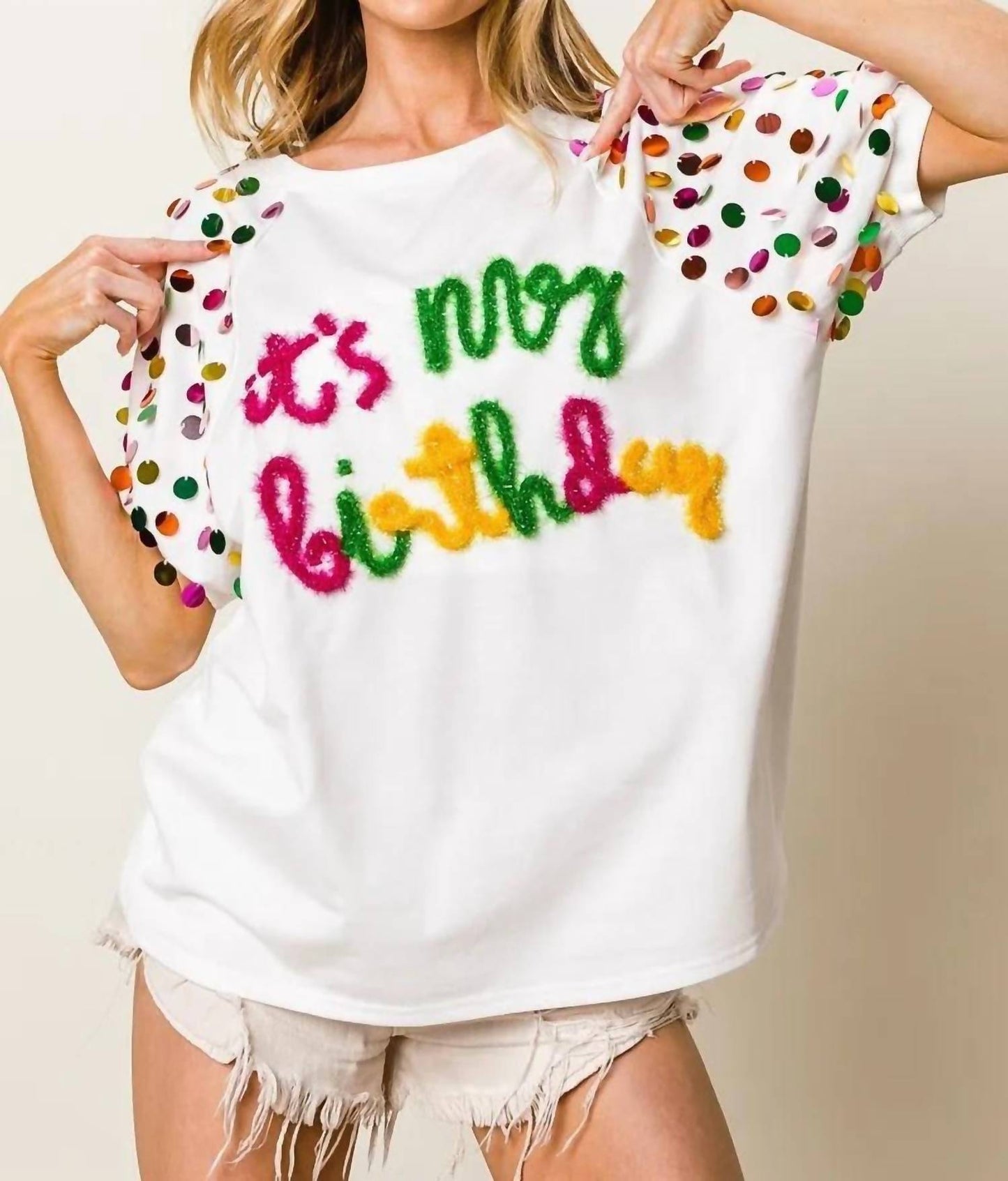 Trendsi - BiBi Metallic Letter Spangle Raglan Puff Sleeve Top