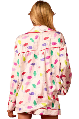 Peach Love - Conjunto de pijama com estampa de luzes de Natal em cetim