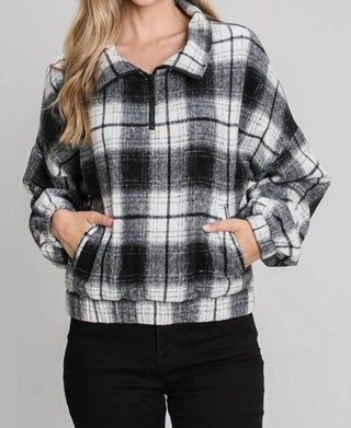 Allie Rose - Half zip plaid pullover with elastic waistband