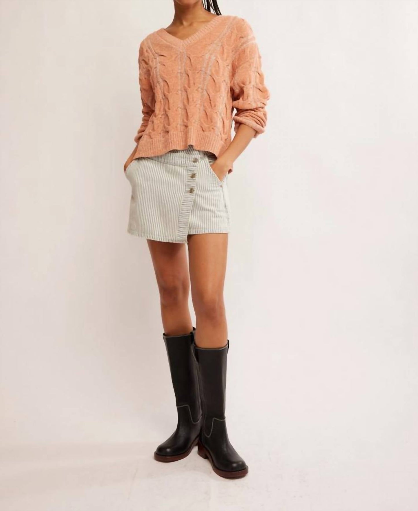 Free People - Washed Cable V-neck Sweater