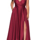 La Femme Strappy Back High Slit Gown in Wine, Size 20W