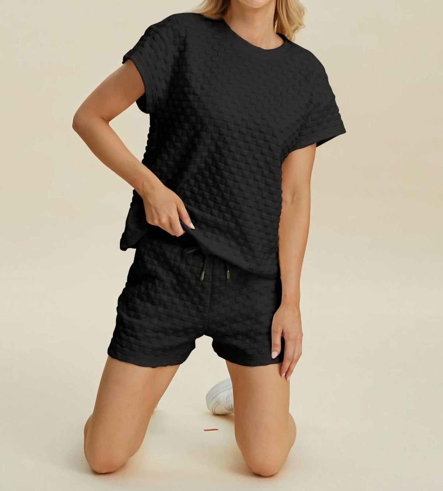 Double Take - Sleek Texture T-Shirt and Shorts Set