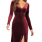 Sorella Vita - Long Sleeve Velvet Bridesmaid Dress with V-Neckline and Thigh Slit