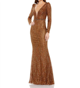 Mac Duggal - Vestido trompete com decote profundo e mangas compridas e adornado
