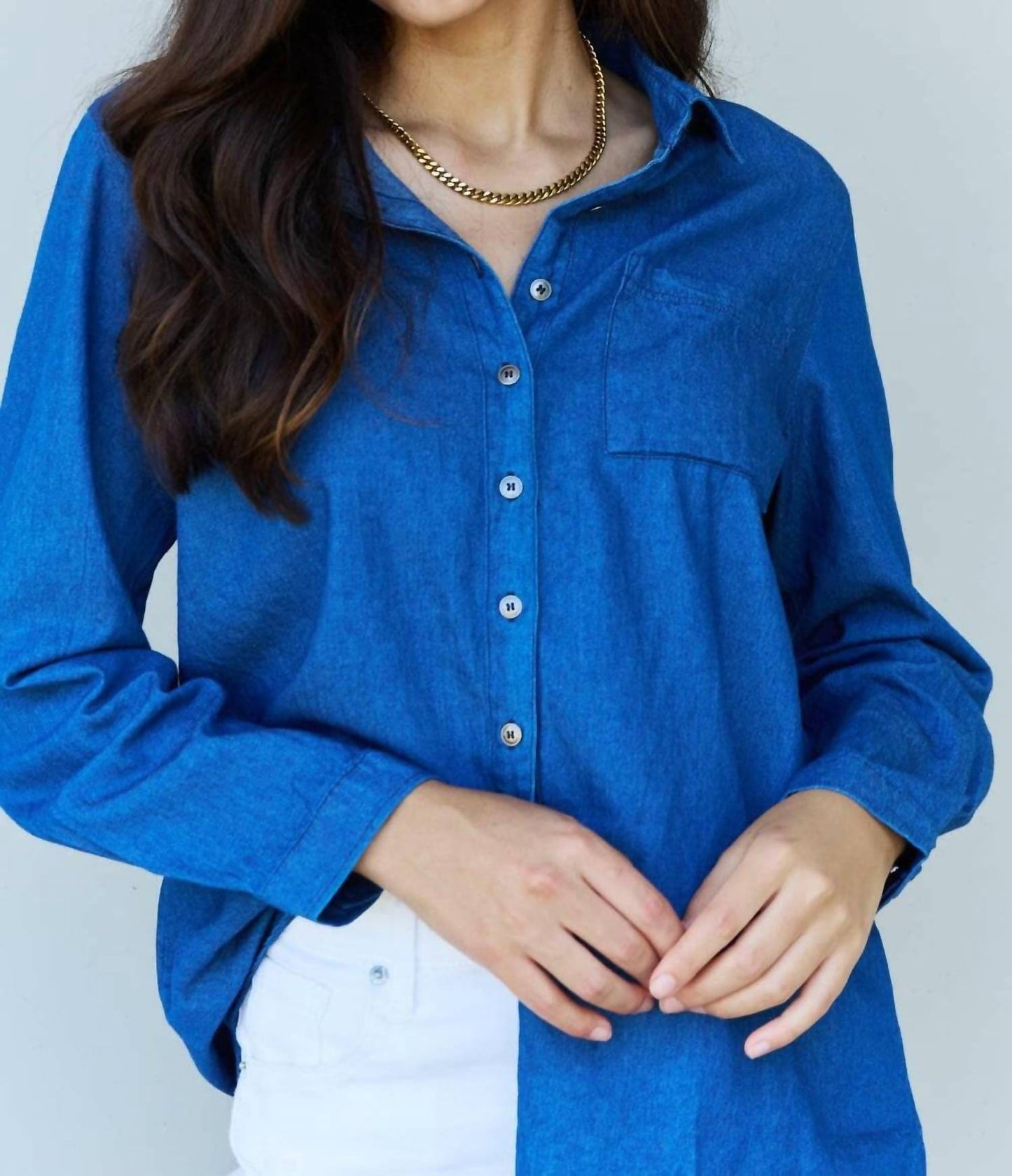 Doublju - Denim Button Down Shirt Top