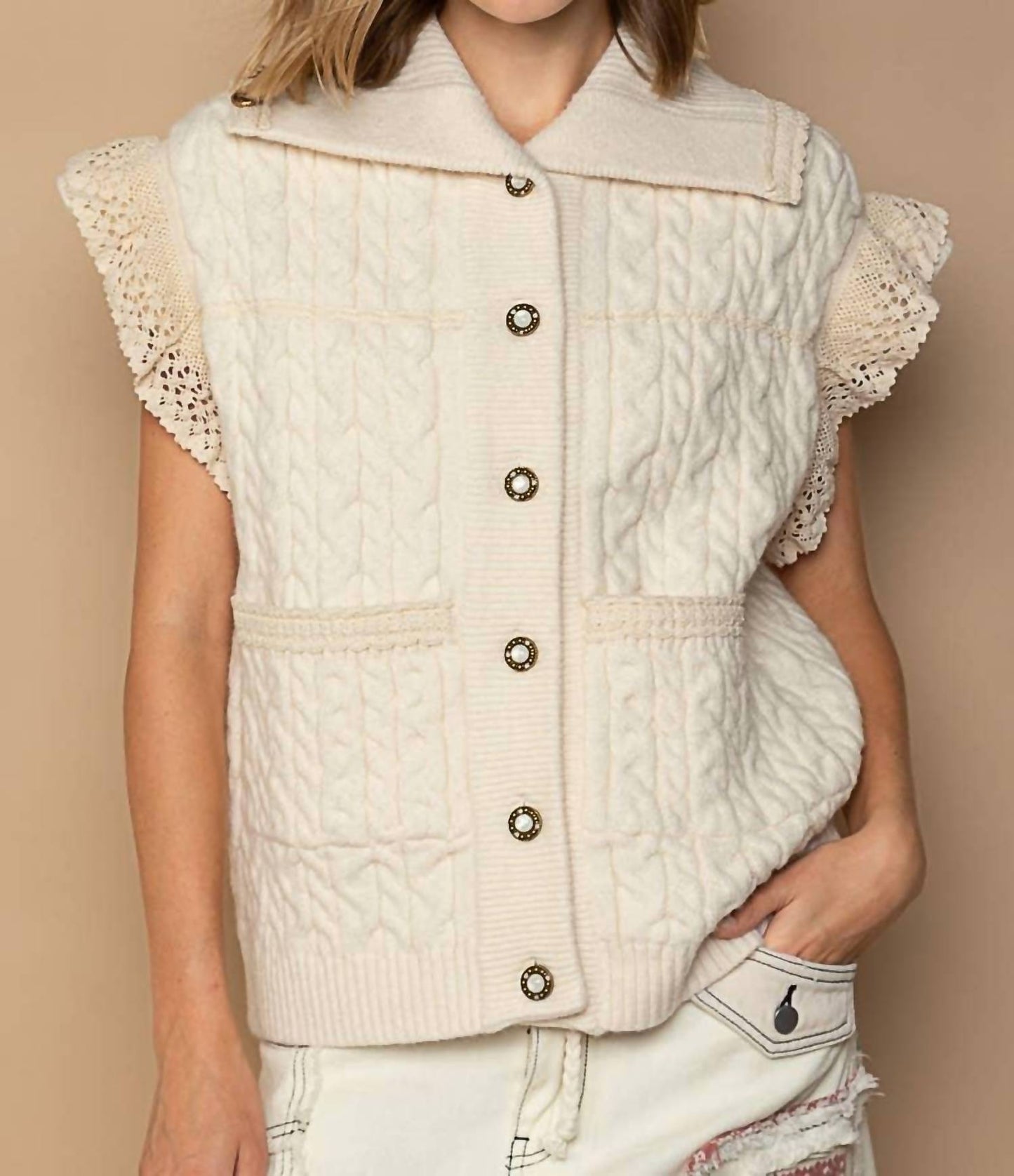 Pol - Crochet Button Down Lace Trim Sweater Vest