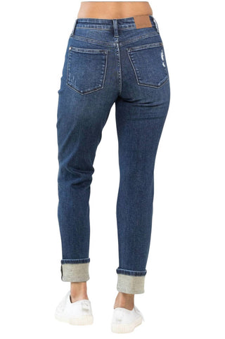 Judy Blue - Calça jeans boyfriend com corte xadrez Buffalo e comprimento até o joelho