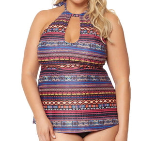 Jessica Simpson - Top tankini plus size com decote alto e abertura para fechadura