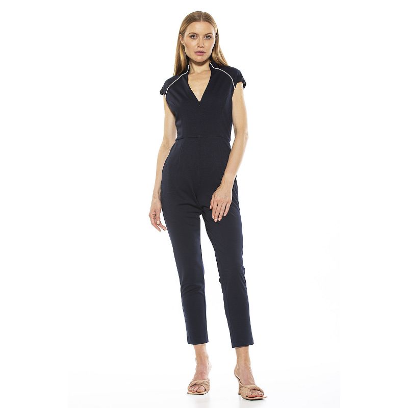 ALEXIA ADMOR Women's Large Blue Niamah Military Neck Jumpsuit