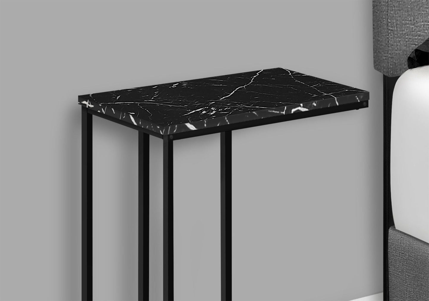 Accent Table, C-Shaped, Marble Look Modern Design - Black