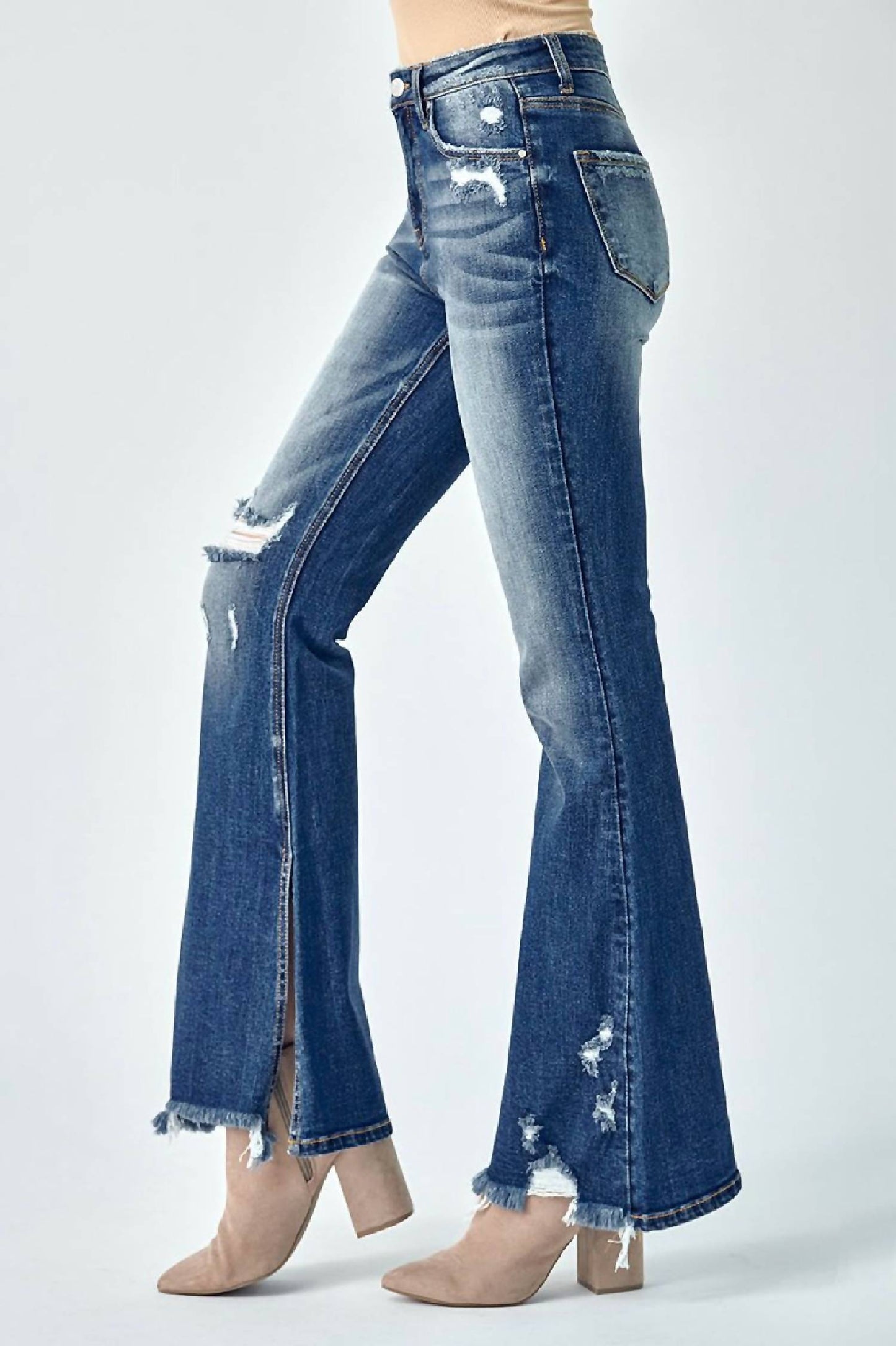 Risen - Women's Flare Distressed High Rise Slit Jeans