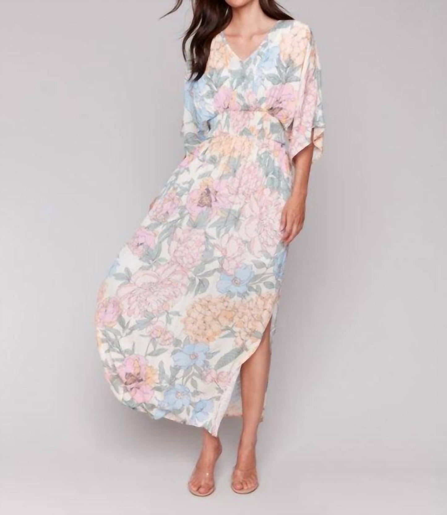 Charlie B - Printed Dolman Sleeve Maxi Dress With Side Slits
