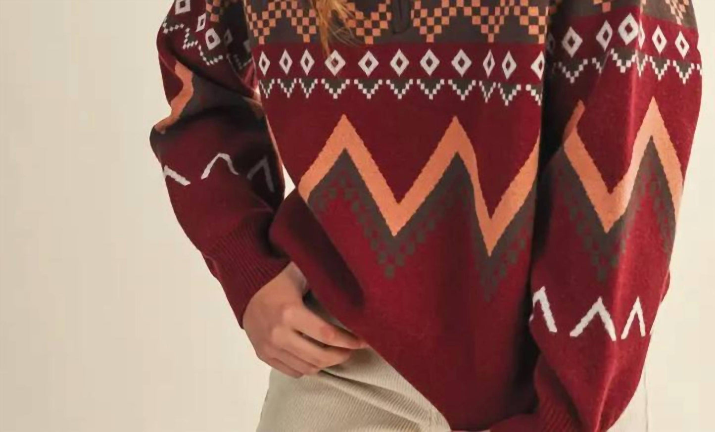 &Merci - Geometric Knit Mock Neck Half Zip Pullover Sweater