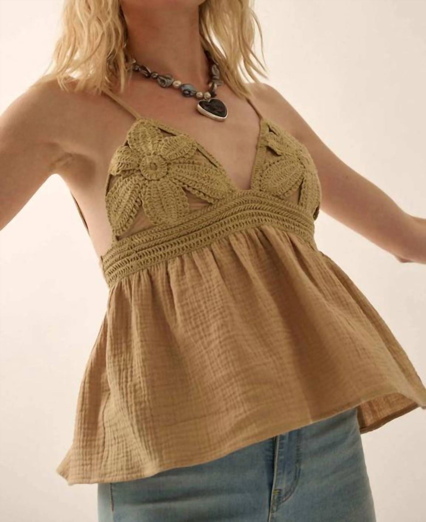 Promesa - Crinkle Cotton Floral Crochet Babydoll Cami Top