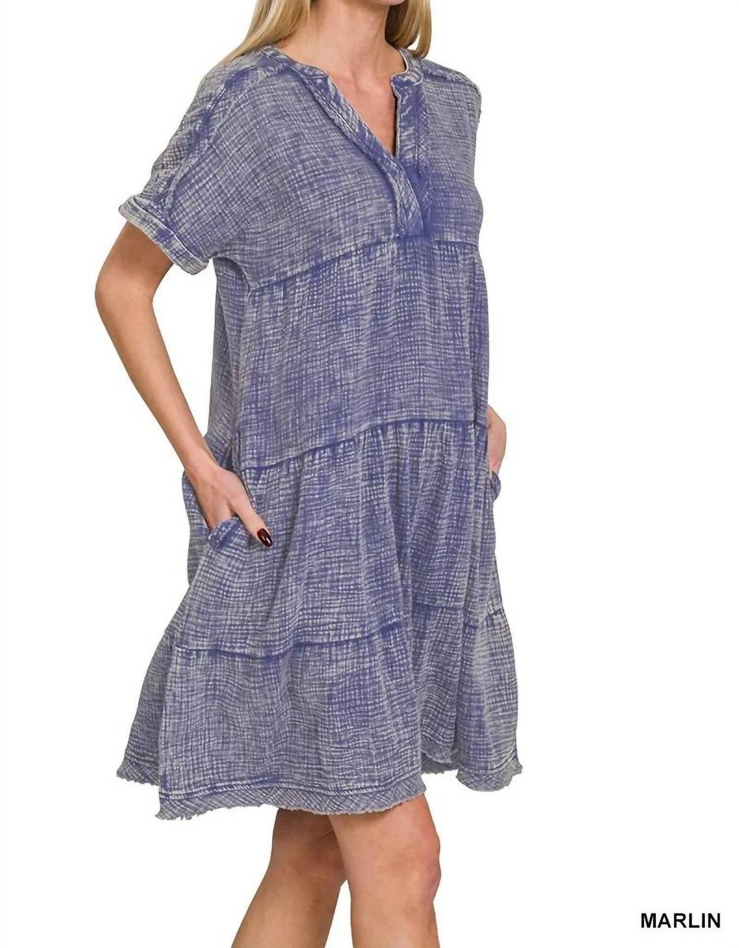 Zenana - Washed Double Gauze Raw Edge V-neck Dress
