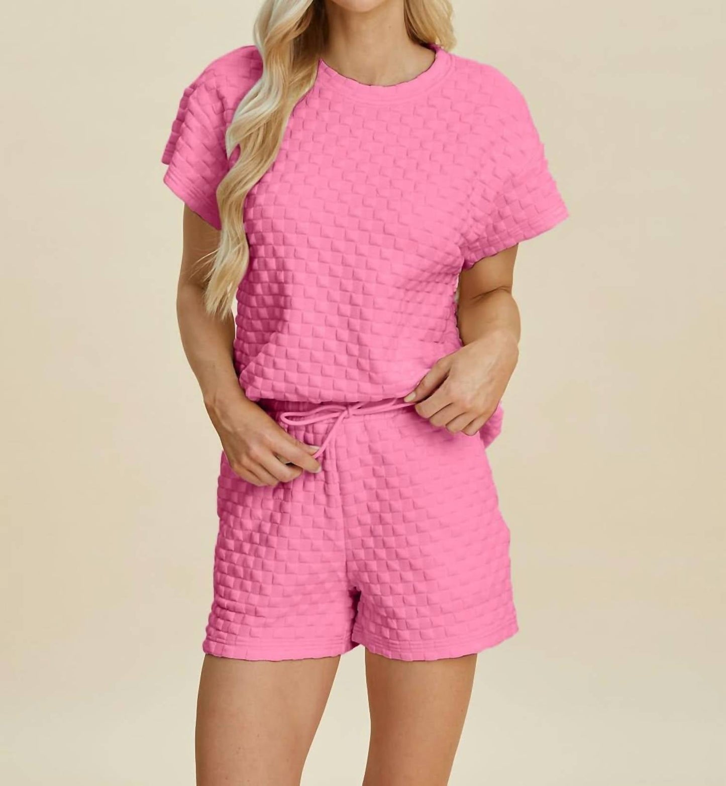 Double Take - Sleek Texture T-Shirt and Shorts Set