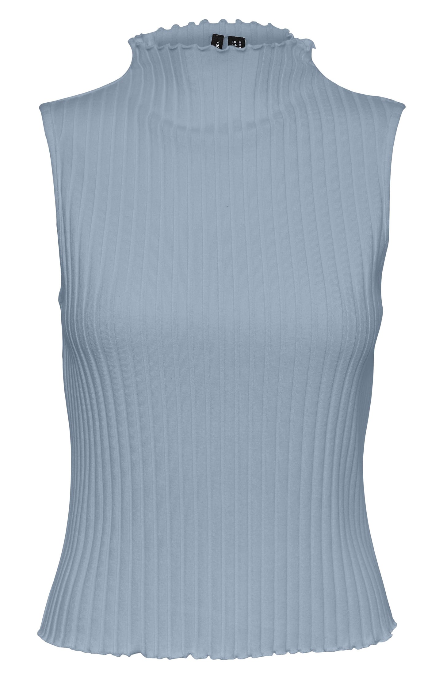 VERO MODA Suéter feminino canelado sem mangas com decote funil, azul, tamanho X-S