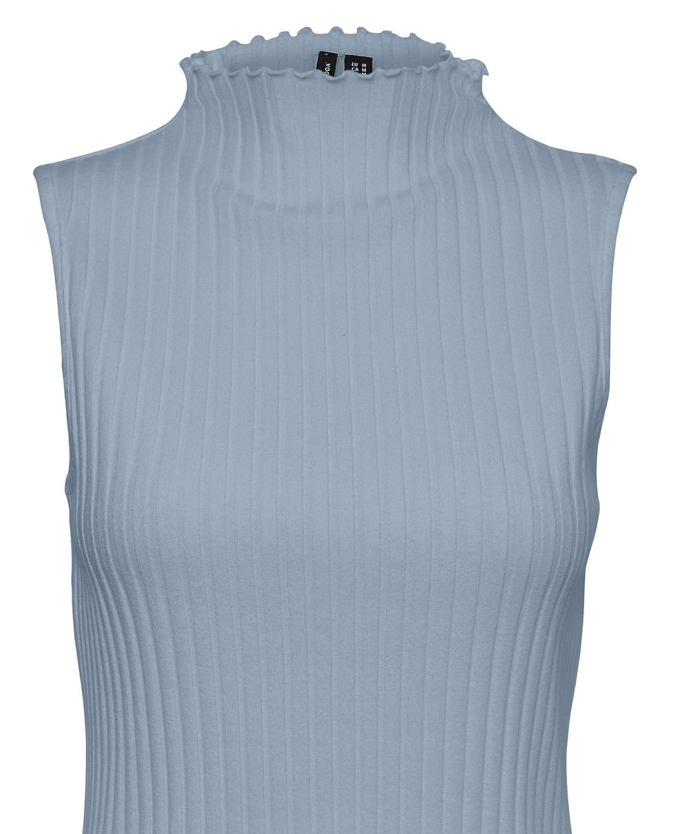 VERO MODA Suéter feminino canelado sem mangas com decote funil, azul, tamanho X-S