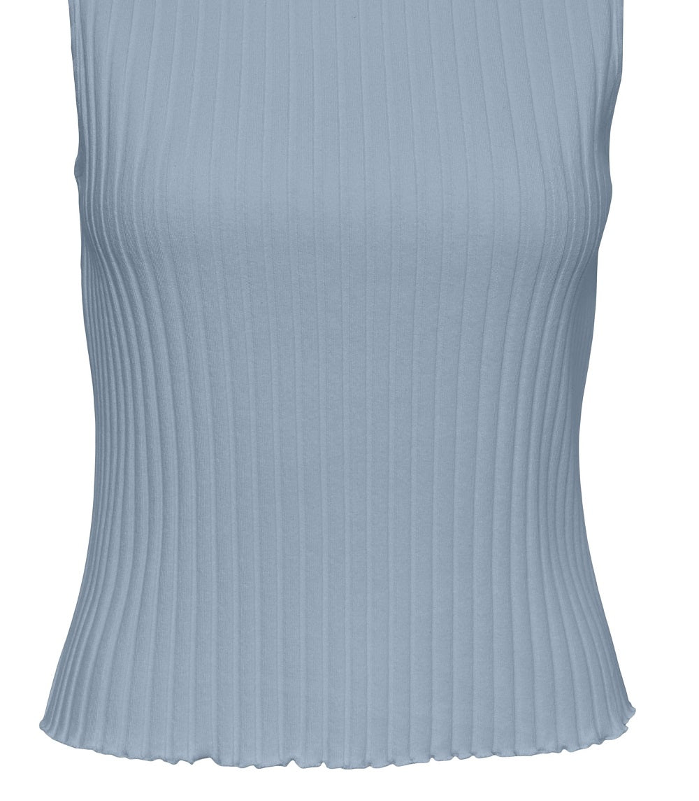 VERO MODA Suéter feminino canelado sem mangas com decote funil, azul, tamanho X-S