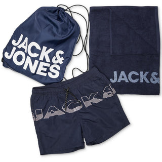 Conjunto de 3 peças de calção de banho masculino Jack &amp; Jones, toalha e bolsa de praia com cordão, cinza, tamanho XX-G