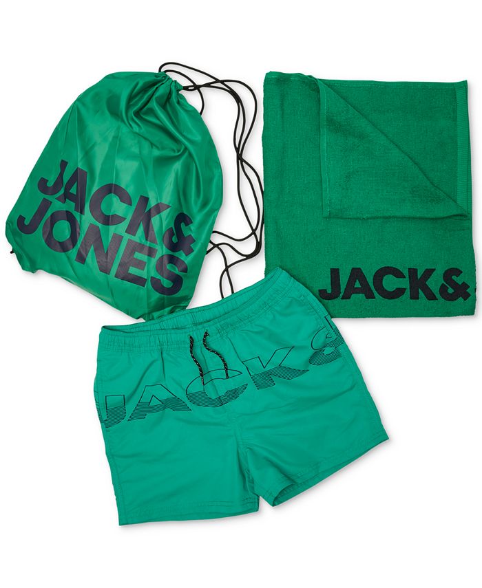 Conjunto de 3 peças de calção de banho masculino Jack &amp; Jones, toalha e bolsa de praia com cordão, verde, tamanho extragrande