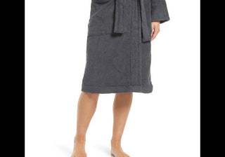 Tekla Striped Organic Cotton Bathrobe, Dusty Navy, Size XL