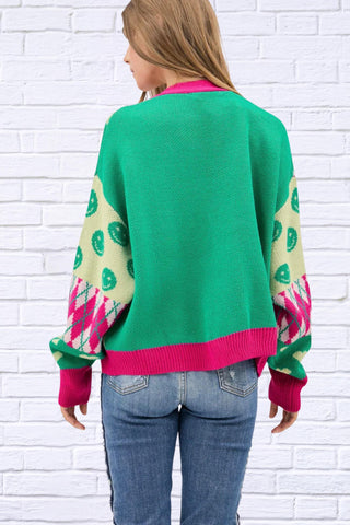 Davi & Dani - V-neck Drop Shoulder Pattern Sweater