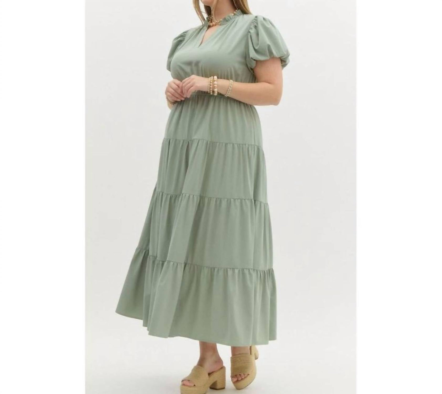 Entro - Amberlyn V-neck Bubble Sleeve Tiered Maxi Dress - Plus