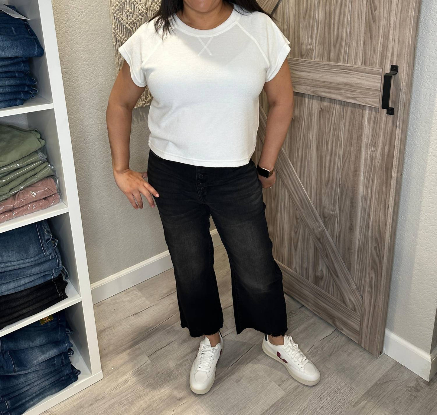 Judy Blue - High Waist Button Fly Destroyed Raw Hem Cropped Wide Leg Denim