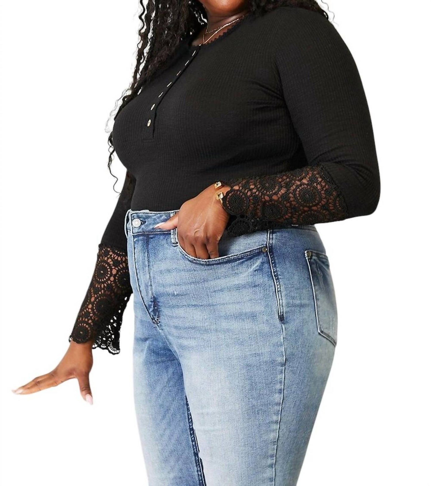 Double Take - Elegant Crochet Lace Border Sleeve Button Blouse