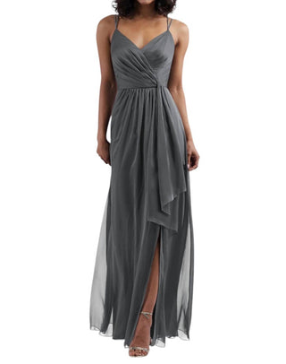 Belsoie - Vestido longo de dama de honra em chiffon Tiffany com decote em V