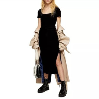 Topshop - Vestido midi elástico com fenda e amarração na cintura em malha canelada