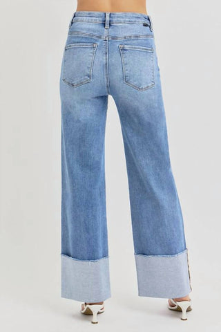 Risen - Calça Jeans de Cintura Alta e Punho Largo