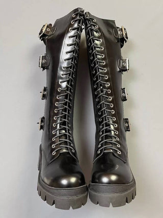 Jeffrey Campbell - Bota feminina de combate com fivela nas costas e salto grosso com cadarço