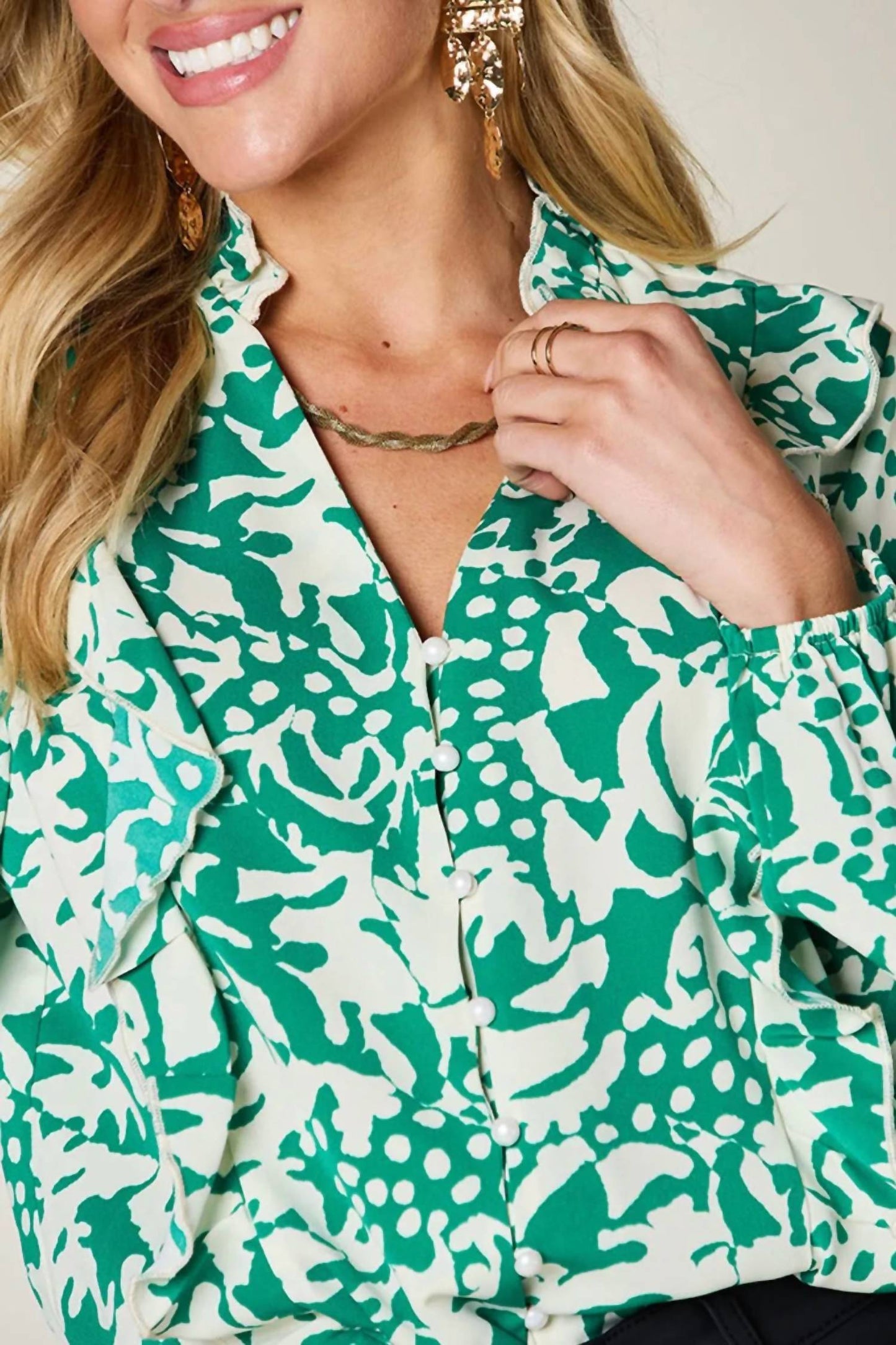 Double Take - Full Size Printed Ruffle Trim Balloon Sleeve Shirt
