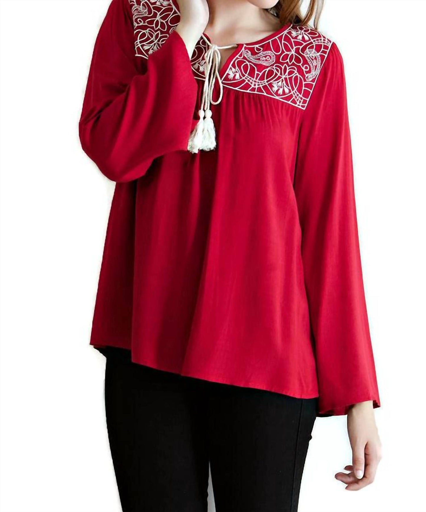 Entro - Embroidered Tassel Tie Top