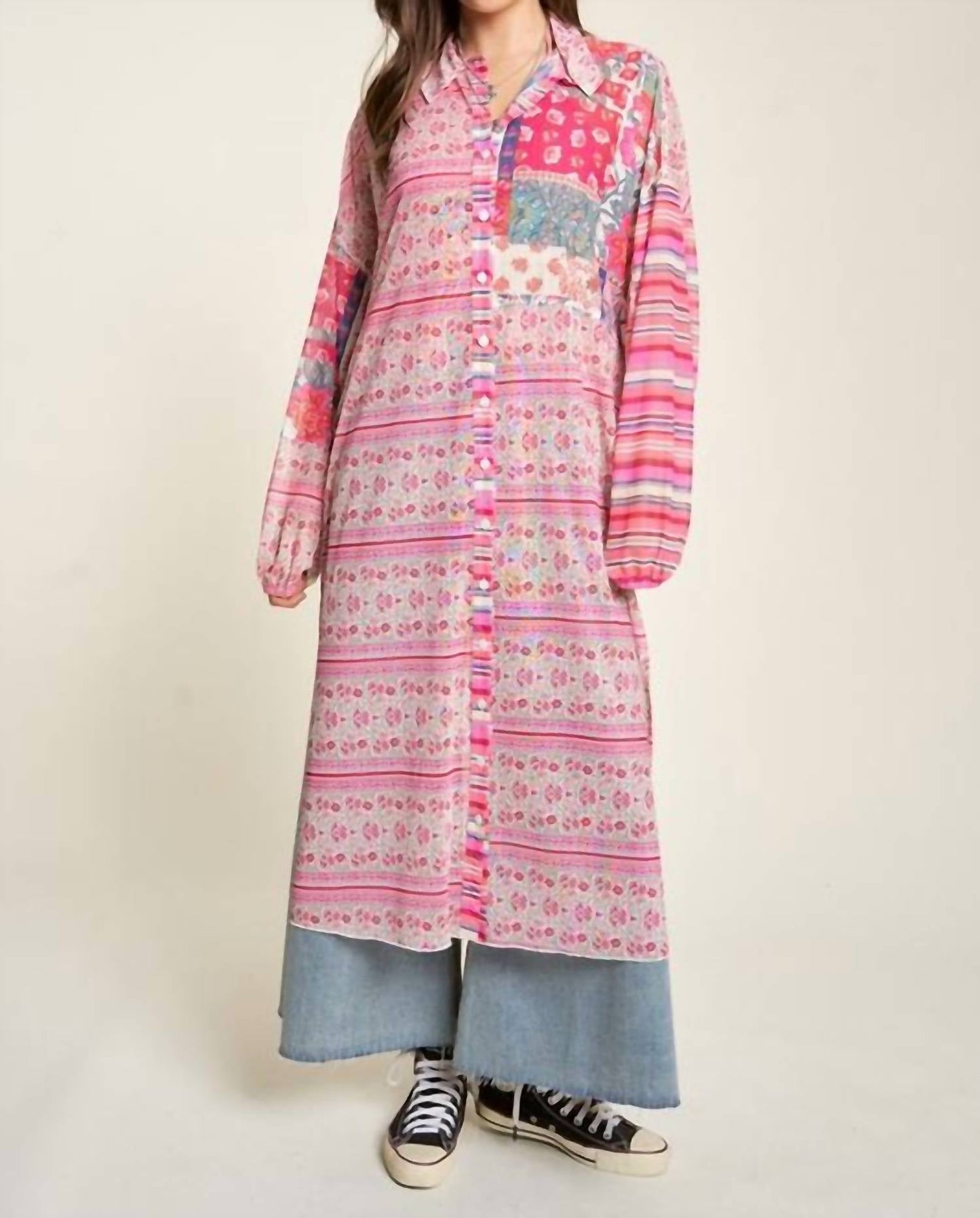 Davi & Dani - Mesh Print Mix Matched Button Front Cover Up