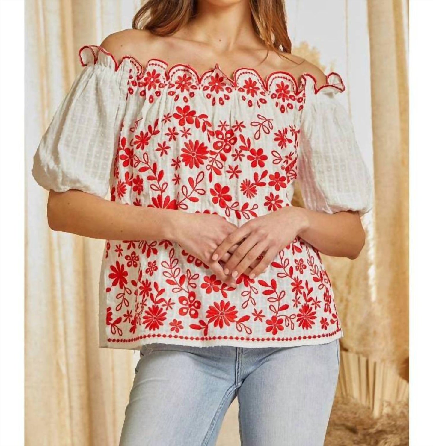Andree By Unit - Floral Embroidered Off the Shoulder Blouse