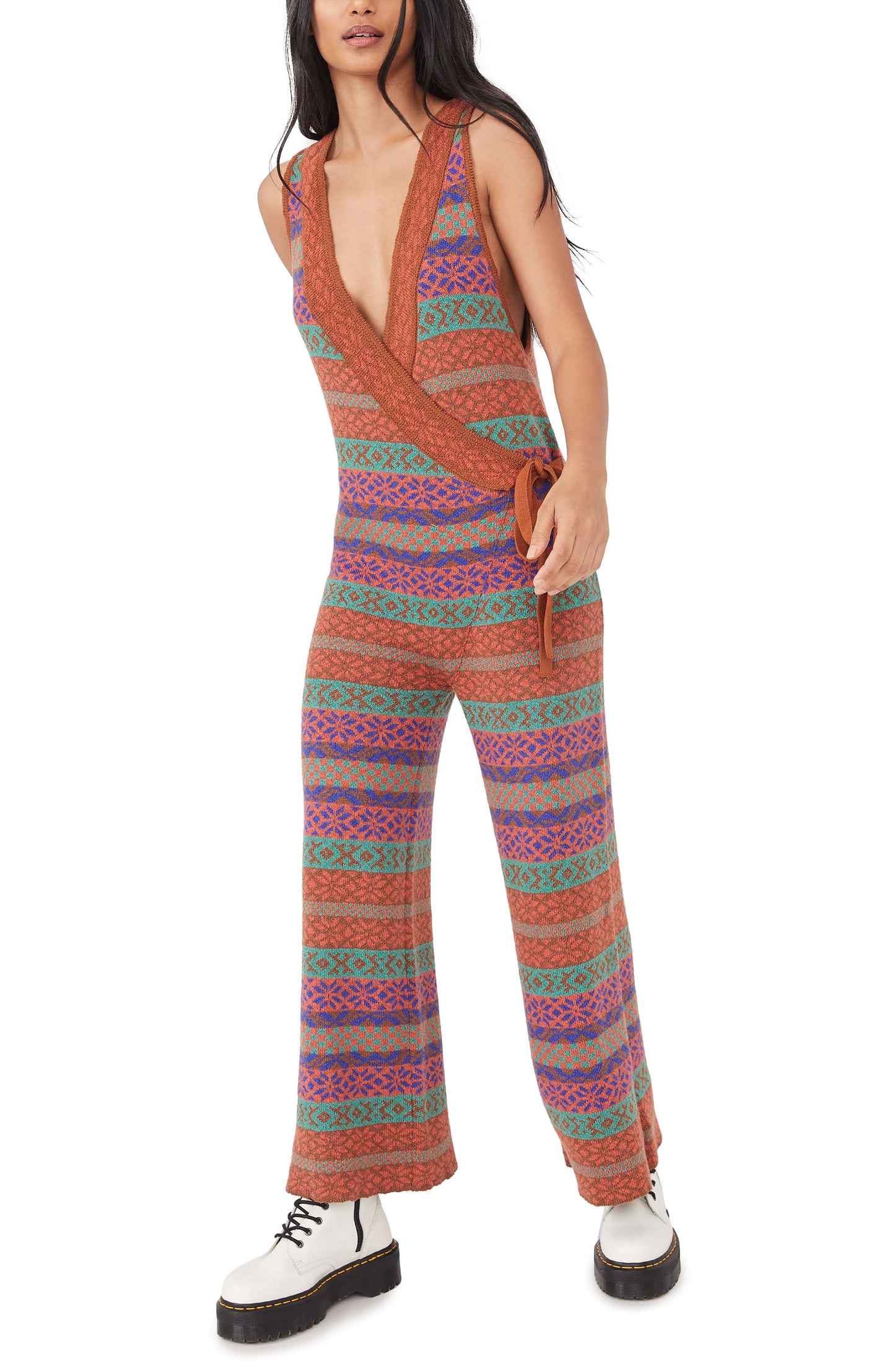 Free People Snowfall Kind of Love Wide Leg Jumpsuit in Red Currant Combo, Size X-Small
