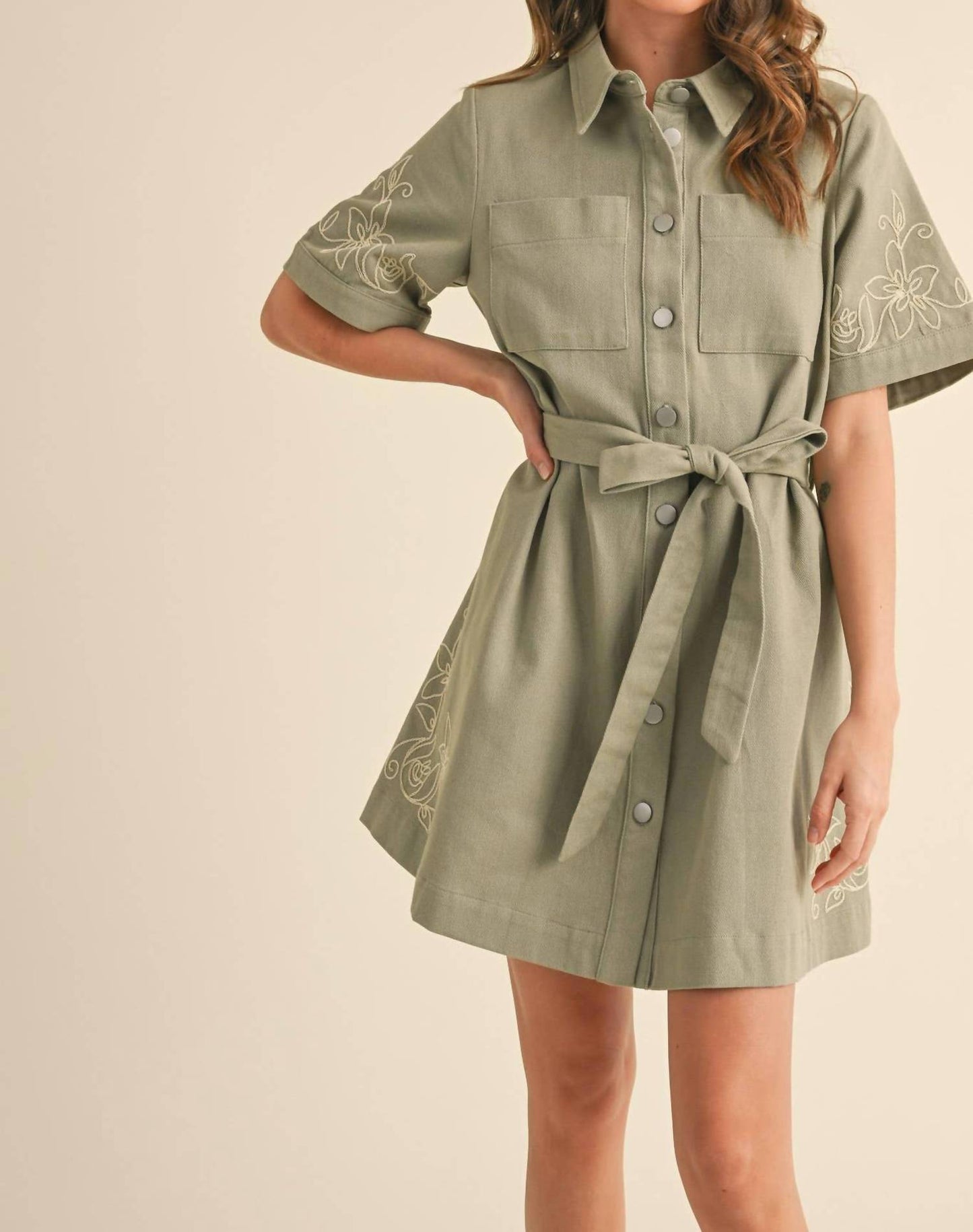 &Merci - Megan Floral Embroidery Denim Shirt Dress