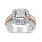 14K White and Rose Gold 1 1/8 Cttw Princess and Round-Cut Diamond Art Deco Style Triple Shank Halo Cocktail Ring (I-J Color, SI2-I1 Clarity) - Size 7