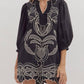 Entro - Puff Sleeve Embroidered Scallop Hem Dress
