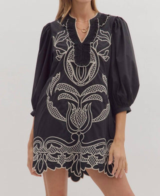 Entro - Puff Sleeve Embroidered Scallop Hem Dress