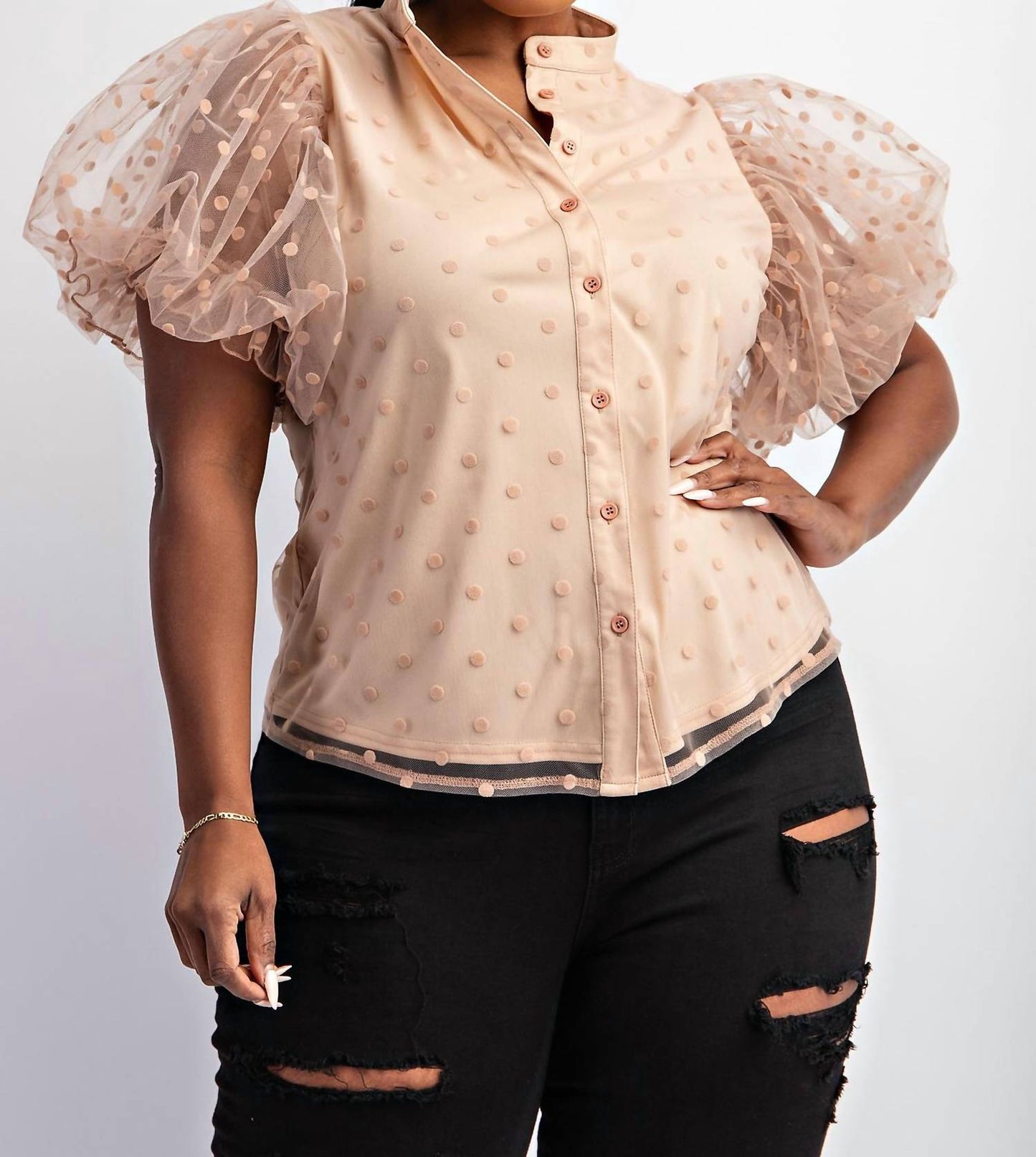 The Curve La - Plus Size Dot Mesh Knit Shirt With Puff Sleeve
