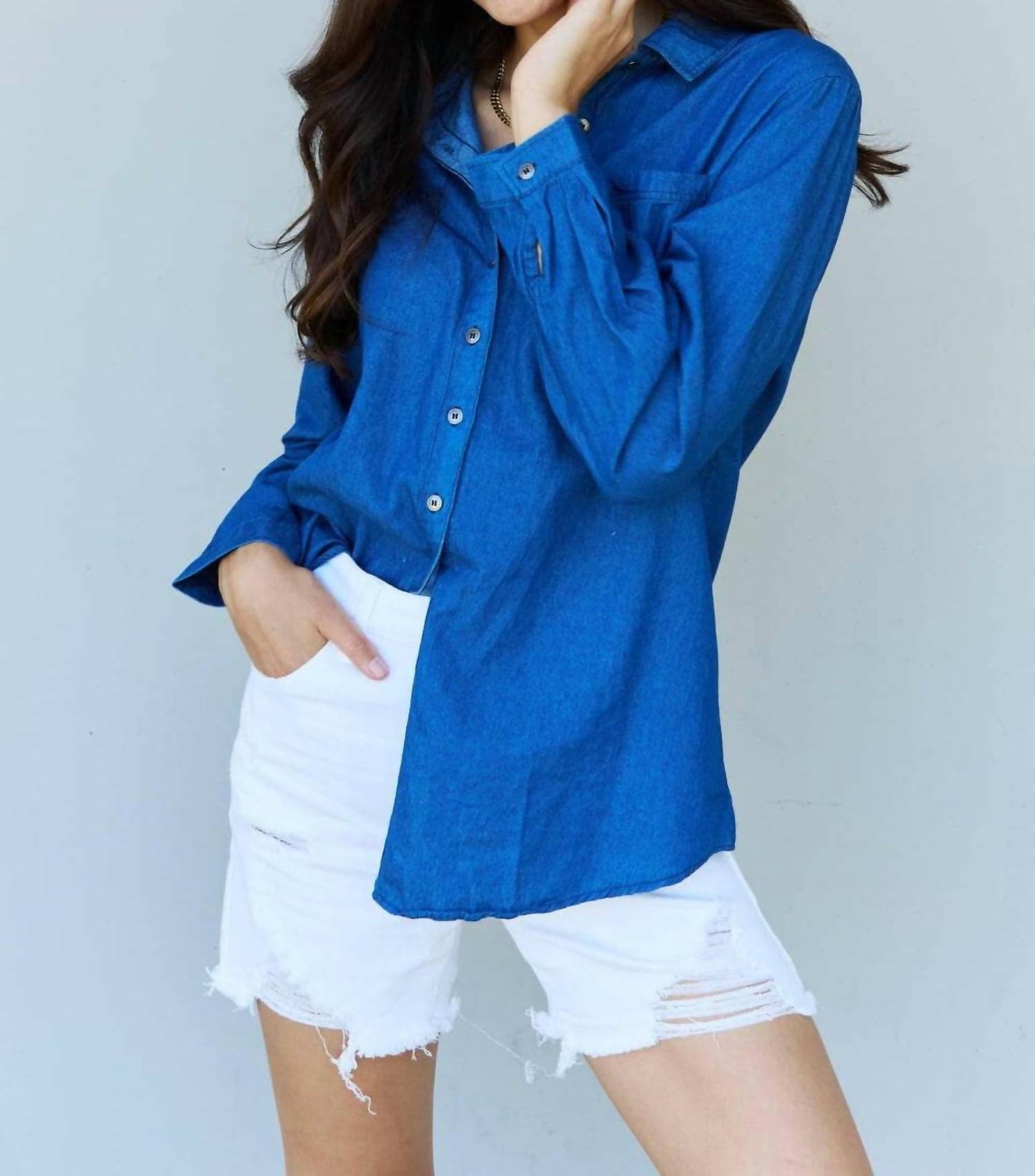 Doublju - Denim Button Down Shirt Top