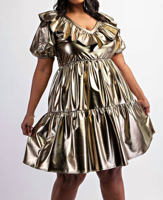 The Curve La - Plus Size Faux Leather Tiered Puff Sleeve Short Dress
