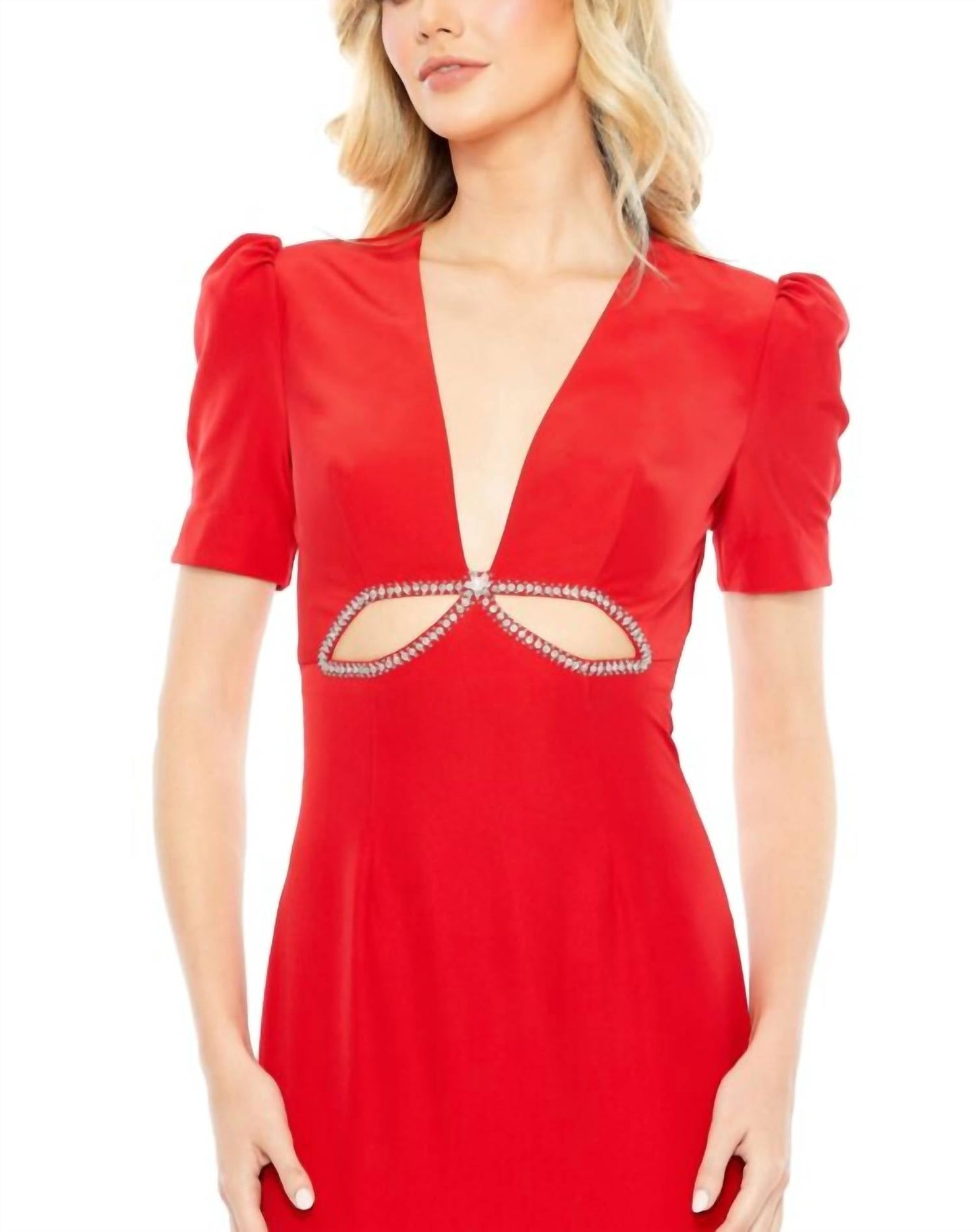 Ieena For Mac Duggal - Vestido com decote profundo e mangas bufantes recortadas