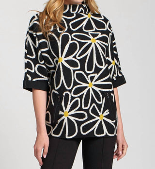 Apny - Whimsical Floral Sweater With Contrast Cuffs And Pockets